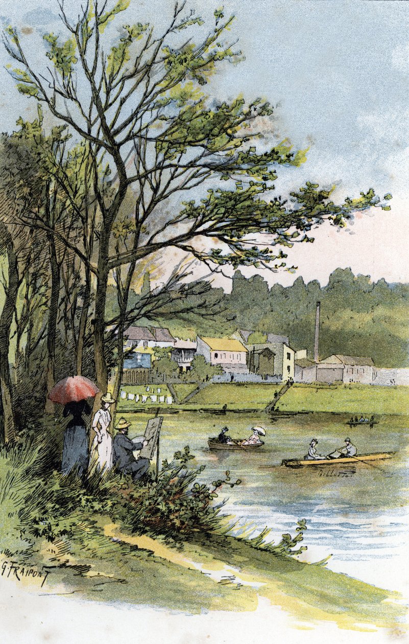 Bas-Meudon (Meudon-sur-Seine) のセーヌ川に浮かぶ日曜日のベビーカー 作： ギュスターヴ・フライポント