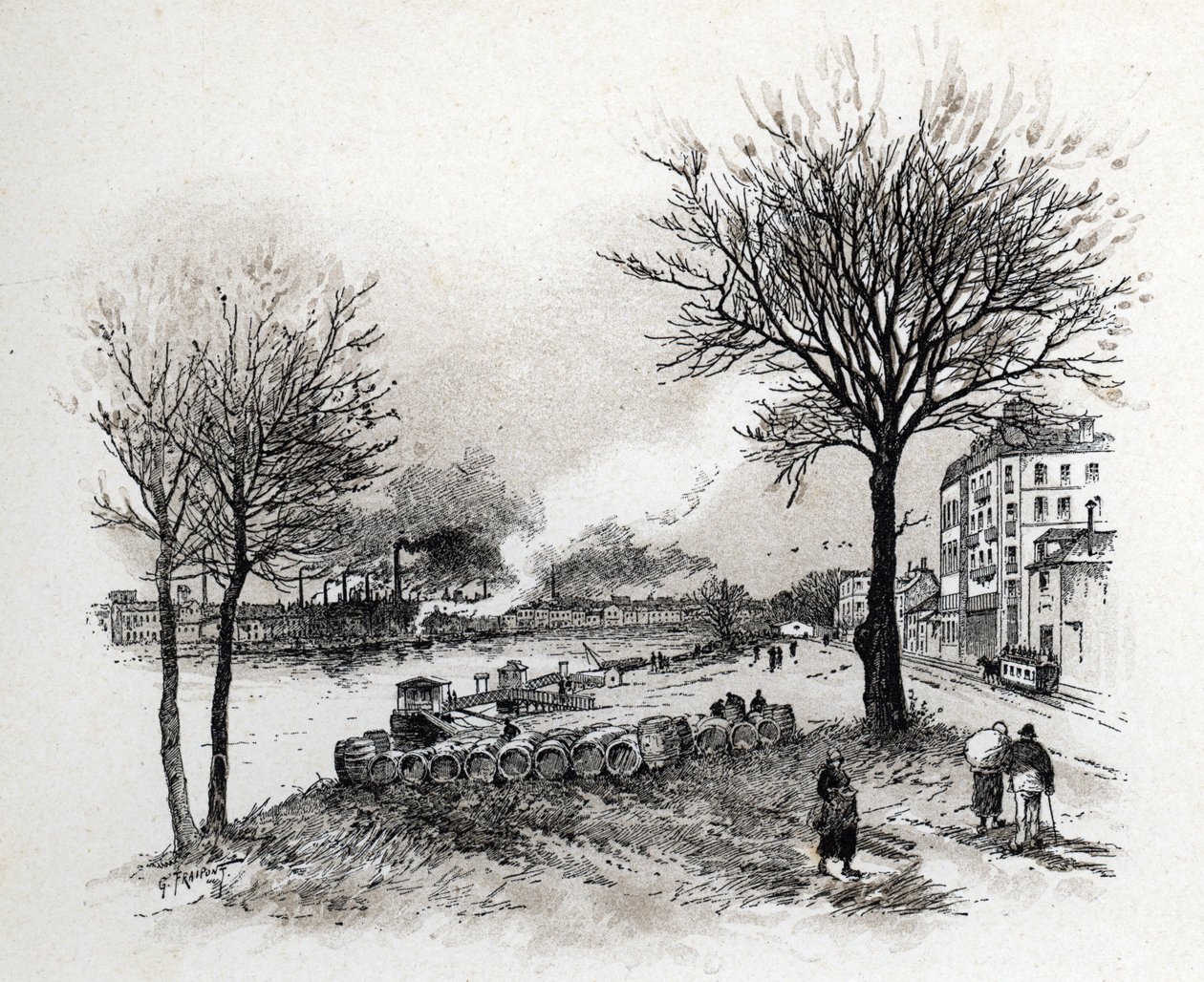 イヴリー シュル セーヌ (Ivry-sur-Seine) の眺め ギュスターヴ フライポン (1849-1923) がサン ジュワールから描いた絵 作： ギュスターヴ・フライポント
