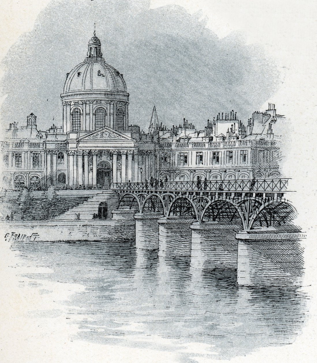 View of the Institut de France and the bridge Pont des arts in Paris Drawing by Gustave Fraipont (1849-1923) takes from Saint-Juirs
