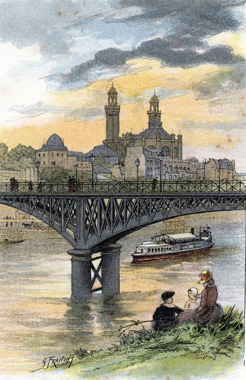 パリのパッシー (現在のビル アケイム橋) の歩道橋の眺め ギュスターヴ フライポン (1849-1923) がサン ジュワールから描いた絵 作： ギュスターヴ・フライポント