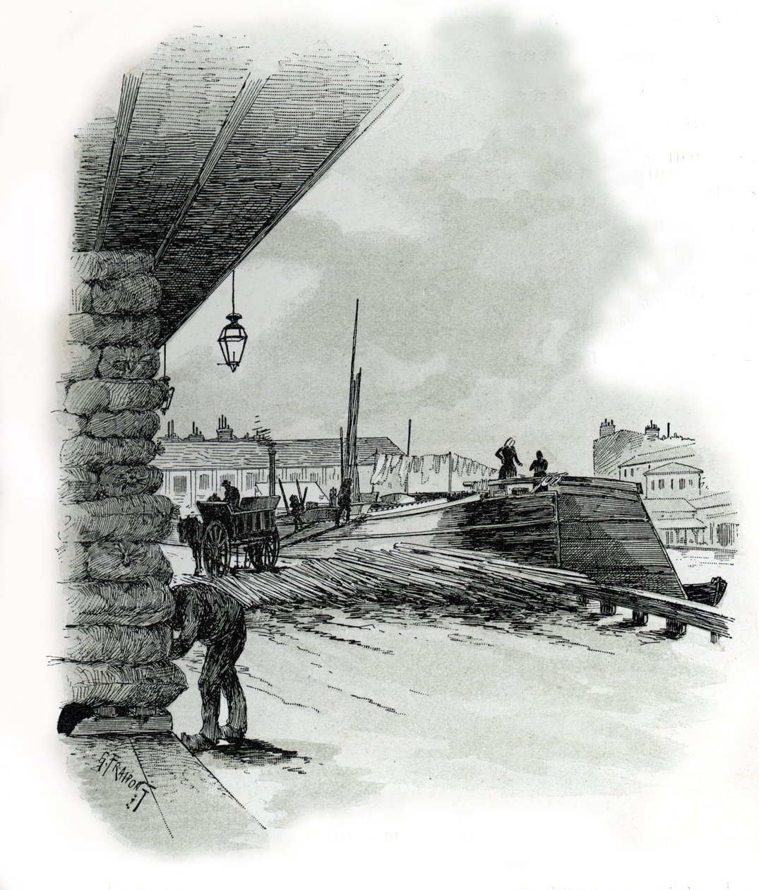 Vista dos hangares do porto de La Villette em Paris (Boathouses e galpões do porto de La Villette, Paris) Desenho de Gustave Fraipont (1849-1923) baseado em “La seine a travers Paris” de Saint-Juirs 作： ギュスターヴ・フライポント