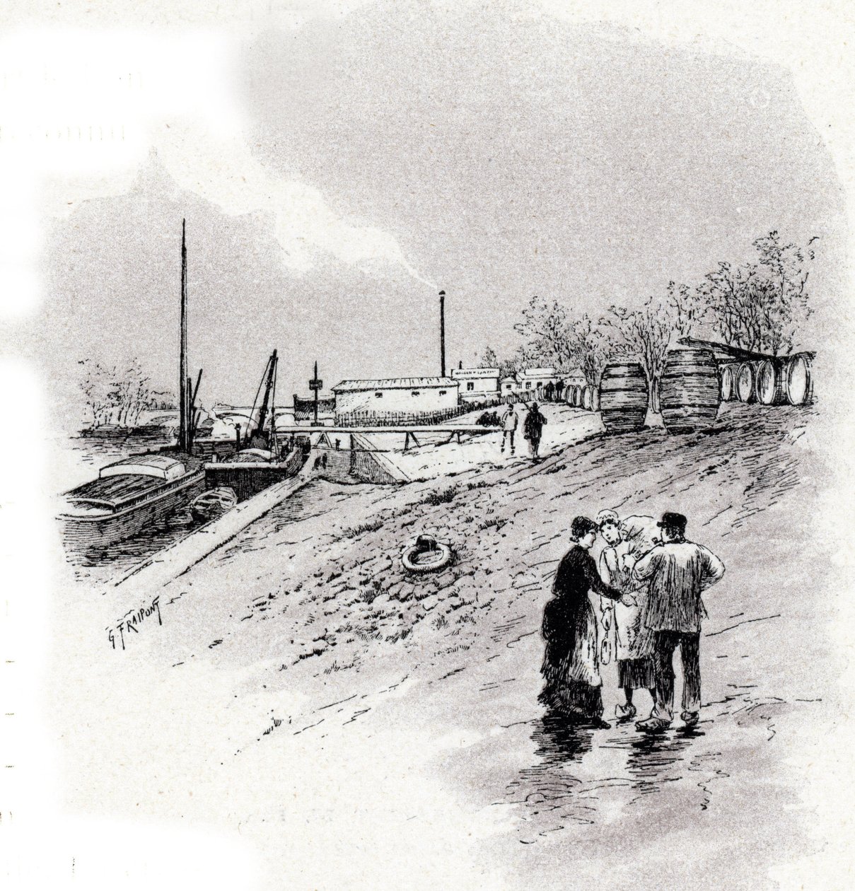Vista das margens do rio Sena e quai Saint-Bernard, Paris Desenho de Gustave Fraipont (1849-1923) baseado em “La seine a travers Paris” de Saint-Juirs 作： ギュスターヴ・フライポント