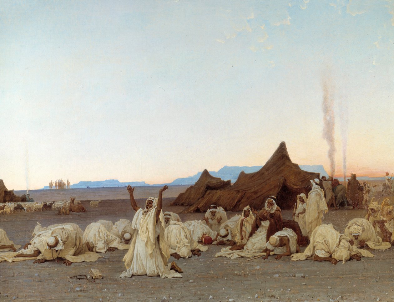 サハラ砂漠の夕べの祈り トゥアレグ族のキャンプの詳細。ギュスターヴ・アシール・ギヨメ（1840-1887）による絵画 1863年 日。1.3×2.8メートル パリ、オルセー美術館 作： ギュスターヴ・ギヨーメ