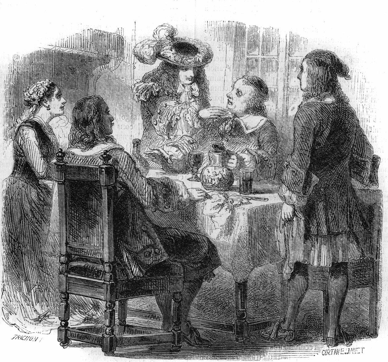 ロシアの皇帝ピョートル大帝（1672-1725）は、カルフ家の一員としてフランスに滞在し、宿主と酔っぱらいのベルナルディーニ侯爵との議論を観察していた。ギュスターヴ・ジャネによるエングレーヴィング 作： ギュスターヴ・ジャネット