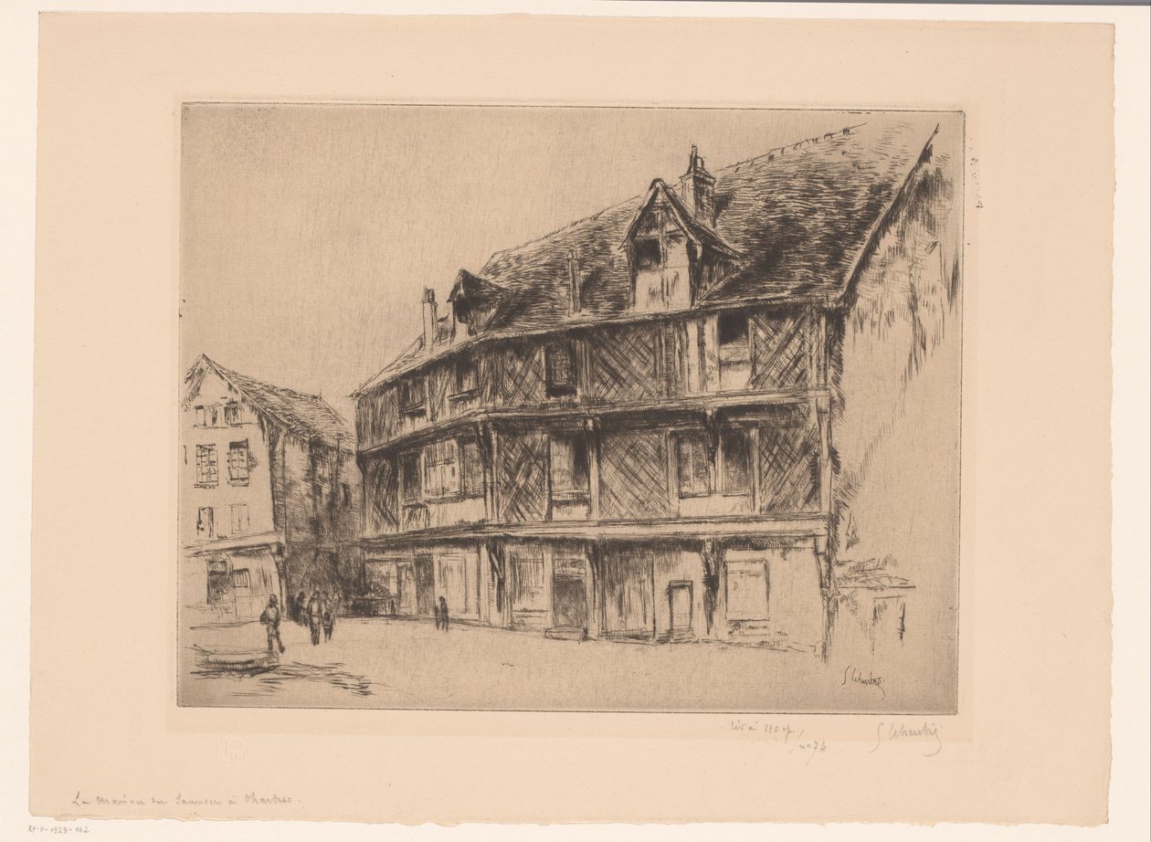 シャルトルの家屋や歩行者がいる通り La maison du saumon (Chartres) (オブジェクトのタイトル) 作： Gustave Leheutre（アーティストによる署名）