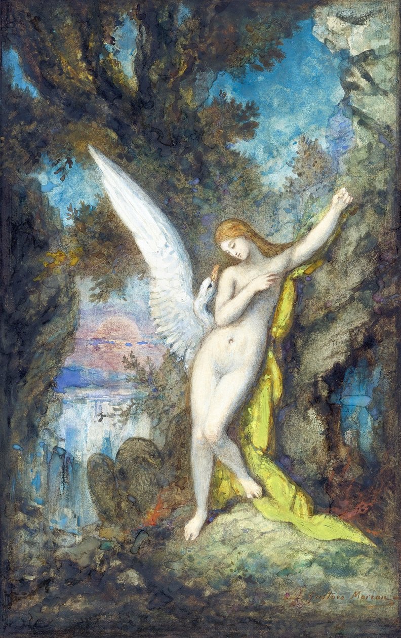 レダと白鳥 par Moreau, Gustave (1826-1898), - 水彩、グワッシュ、紙、34,2x22,2 - プライベートコレクション 作： ギュスターヴ・モロー