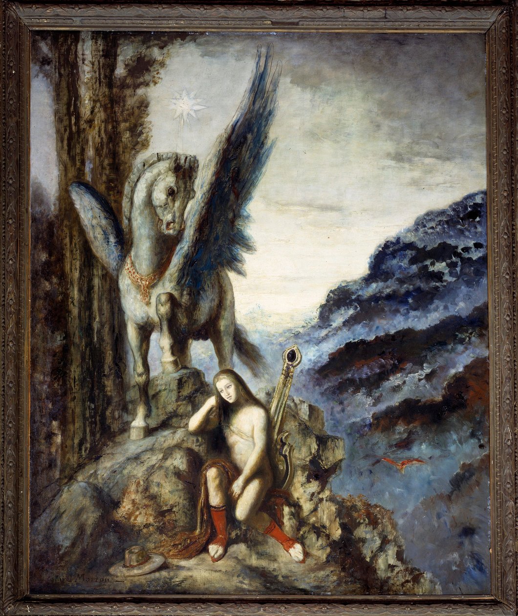 旅行者の詩人馬の翼ペガセの近くで瞑想する思慮深い旅行者