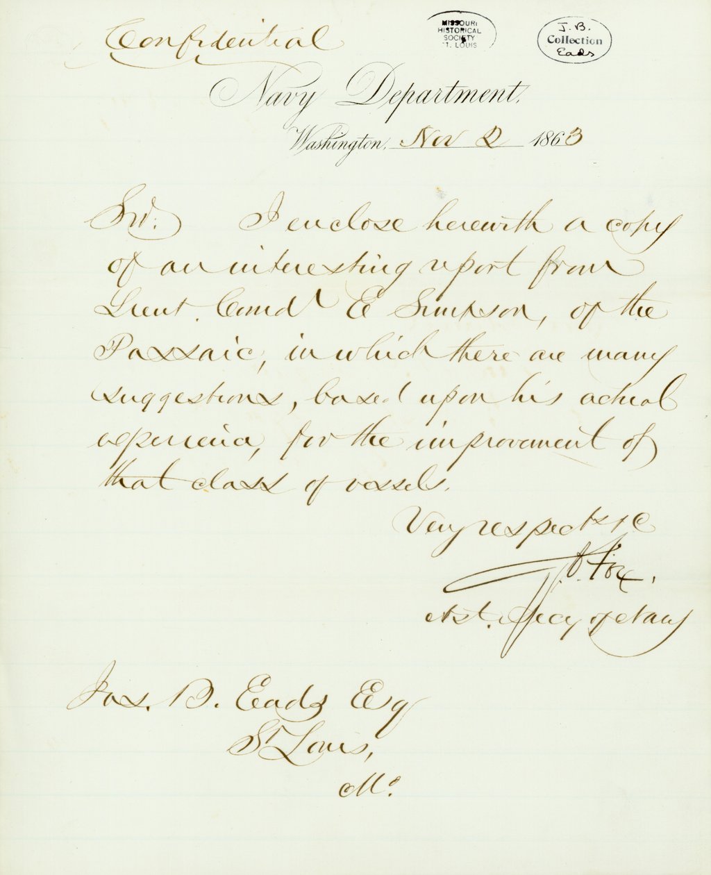 1863年11月2日、ワシントンの海軍省、G.V.Foxの署名入りの手紙がJas.B. Eads [James B. Eads], St. Louis, Mo., 1863年11月2日 作： グスタフ・フォックス