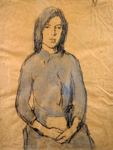 少女、両手を膝の上に置く（鉛筆・水彩・紙） 作： グウェン・ジョン