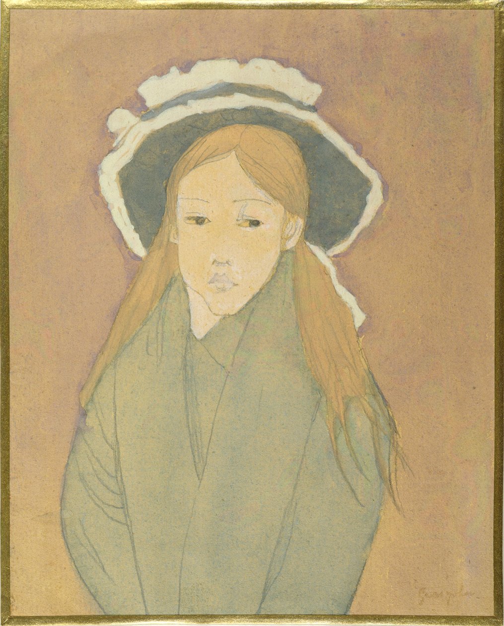 大きな帽子と麦わら色の髪の少女、1910年代（トイレ、ガッシュとグラファイト、紙） 作： グウェン・ジョン
