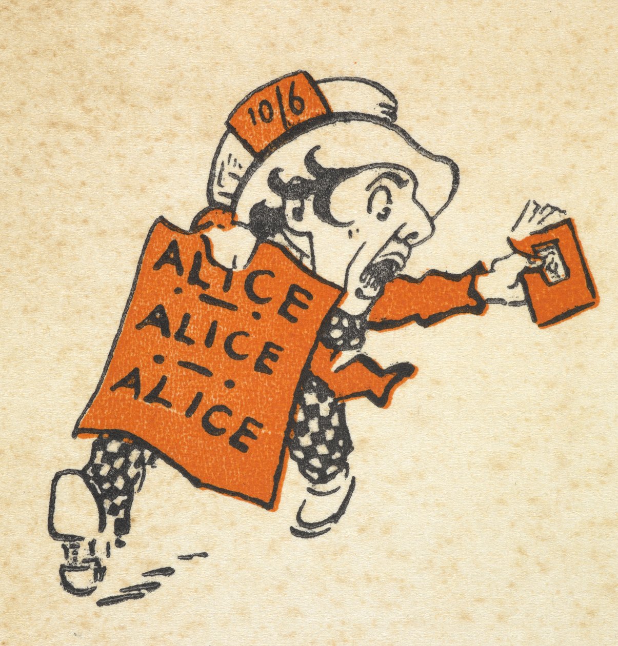 Ilustração do Chapeleiro Maluco correndo carregando um livro e uma placa dizendo 