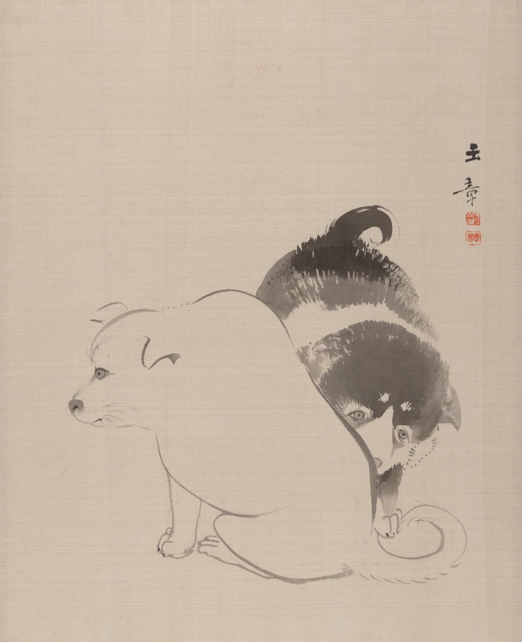 子犬のつがい、1868 年。 作： 川端玉章