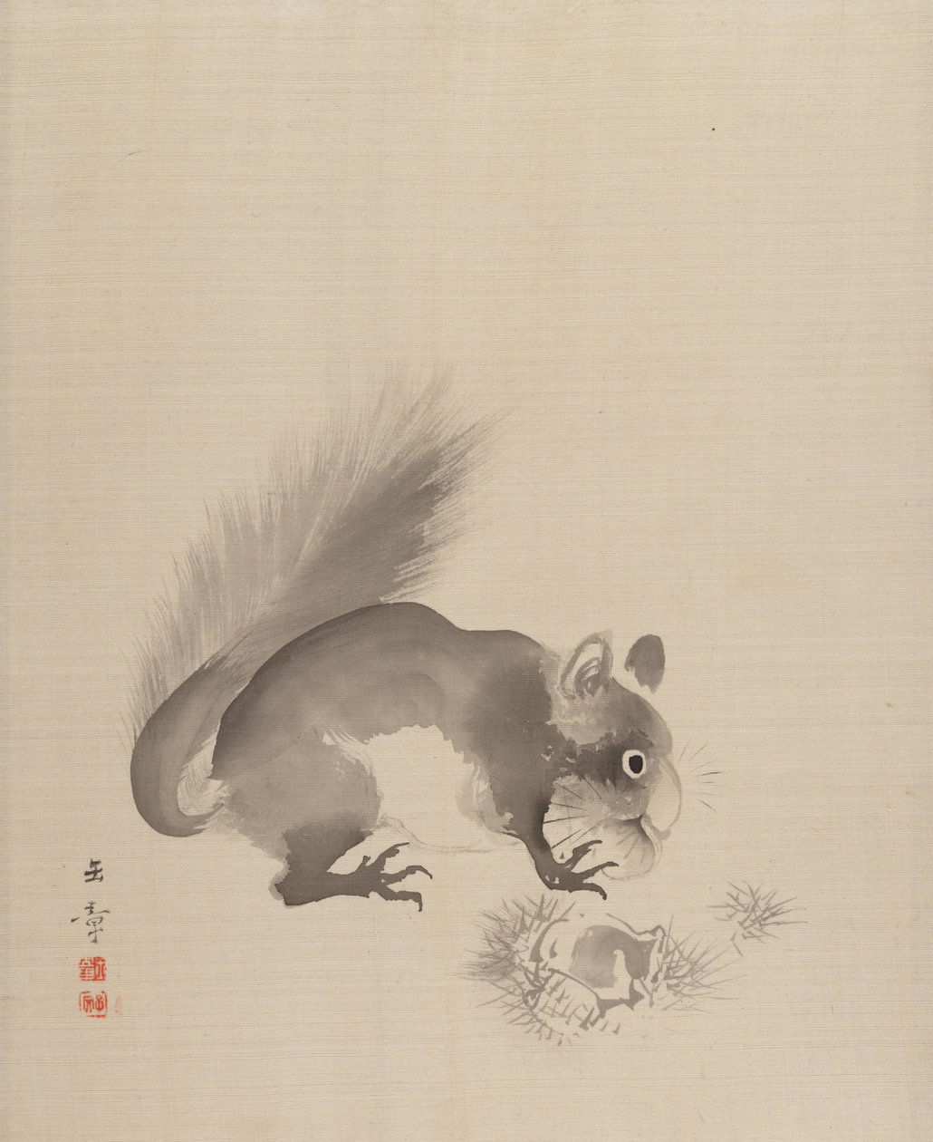 栗を食べるリス、1887-92年。 作： 川端玉章