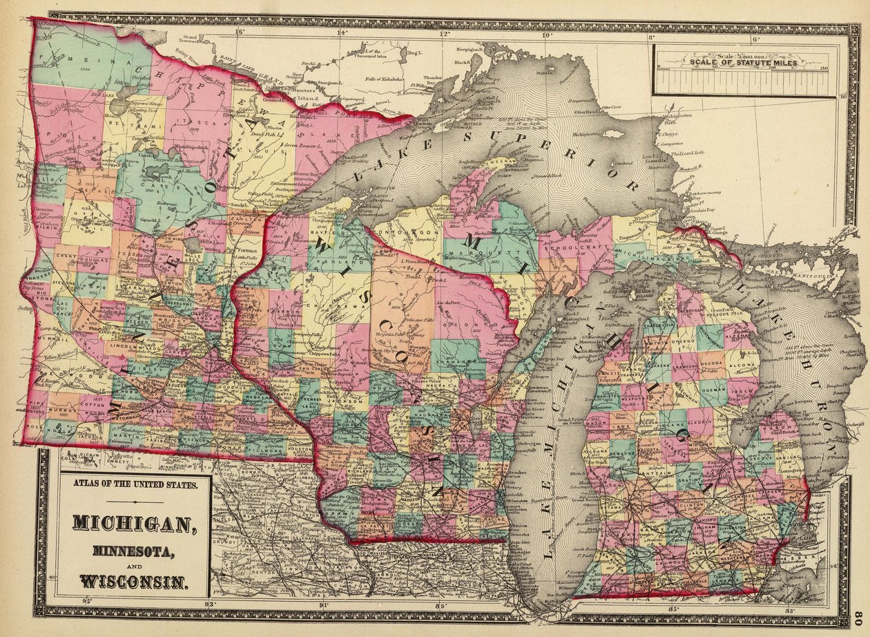 1872年、ミネソタ州、ウィスコンシン州、ミシガン州の地図 作： HF;灰色の壁
