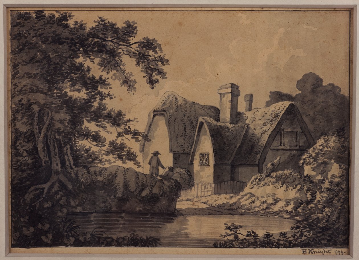 1799年の風景のコテージの2つ（鉛筆、インク、紙の上で洗う） 作： H.ナイト