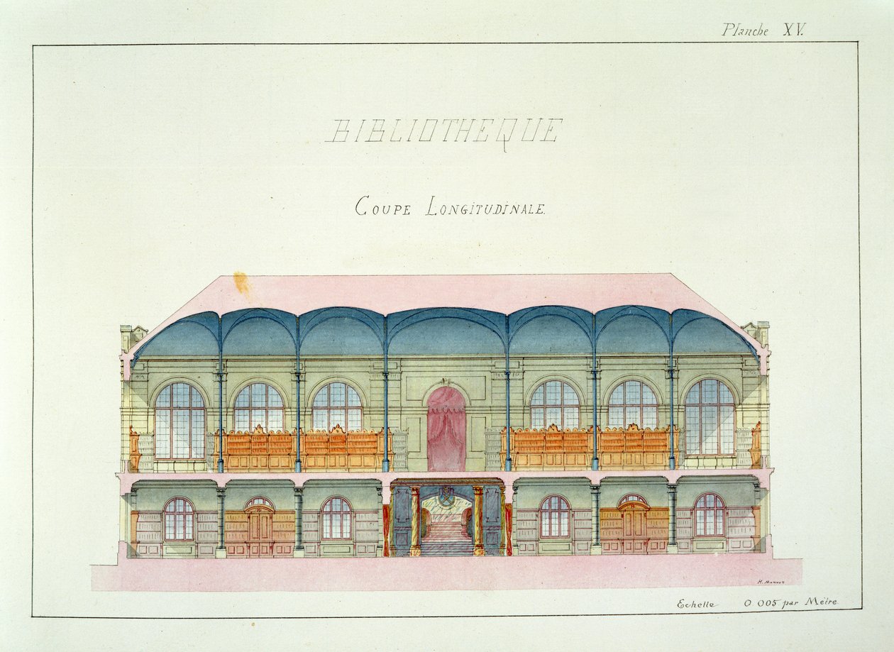 ライブラリの断面、デザインのフォリオからのプレートXV、c.1870 作： H.モノ