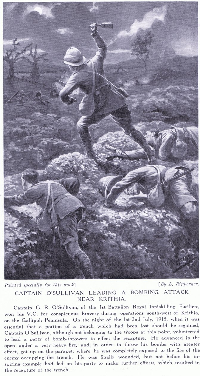 1915年7月、ガリポリ半島のクリチア近郊で爆撃を仕掛けたオサリバン船長がVCで勝利 作： H.リッパーガー