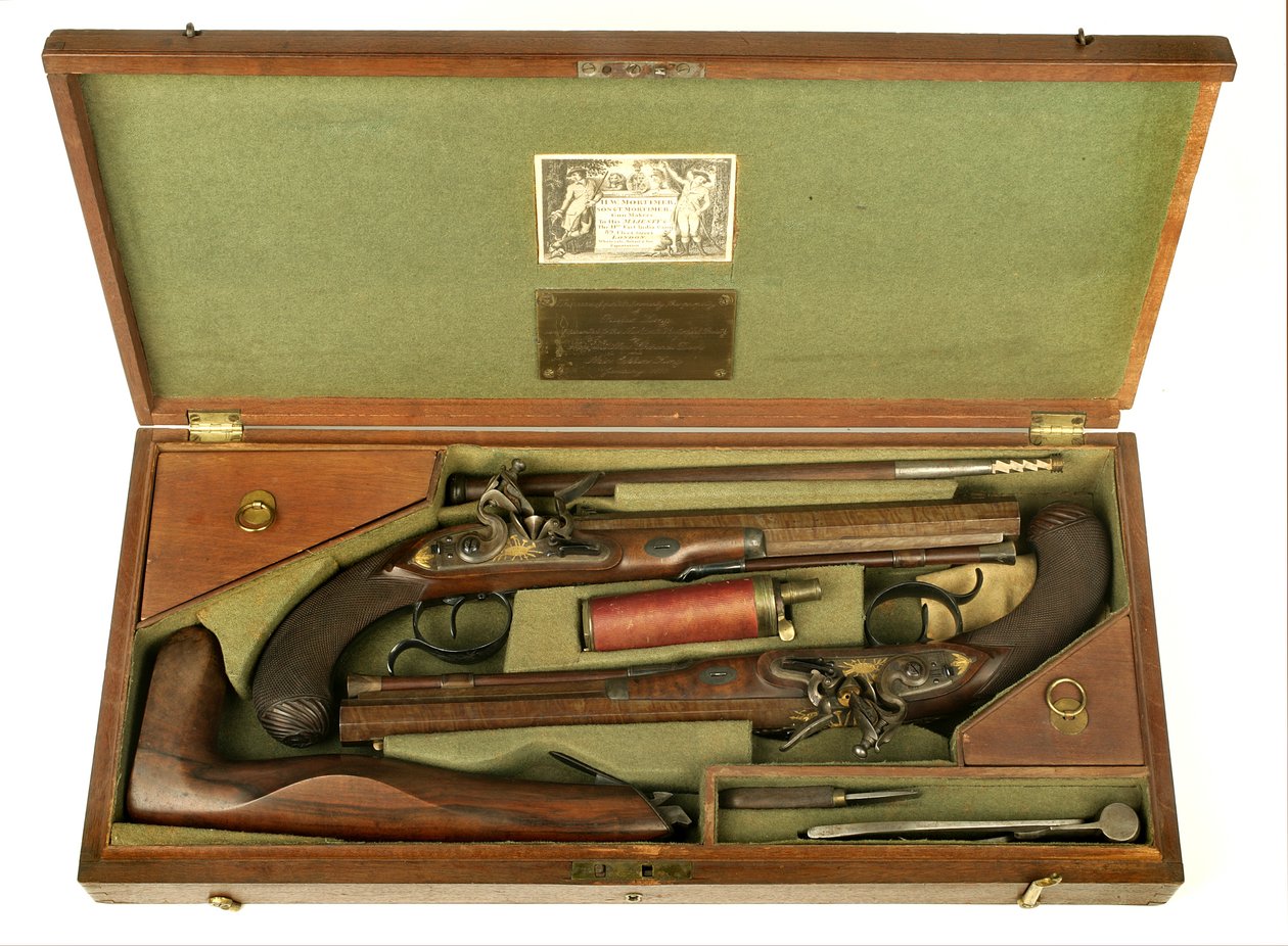 ケースとアクセサリーが付いたフリントロックの決闘銃のペア、c.1780-1800（ミクストメディア） 作： HWモーティマーアンドサンズ