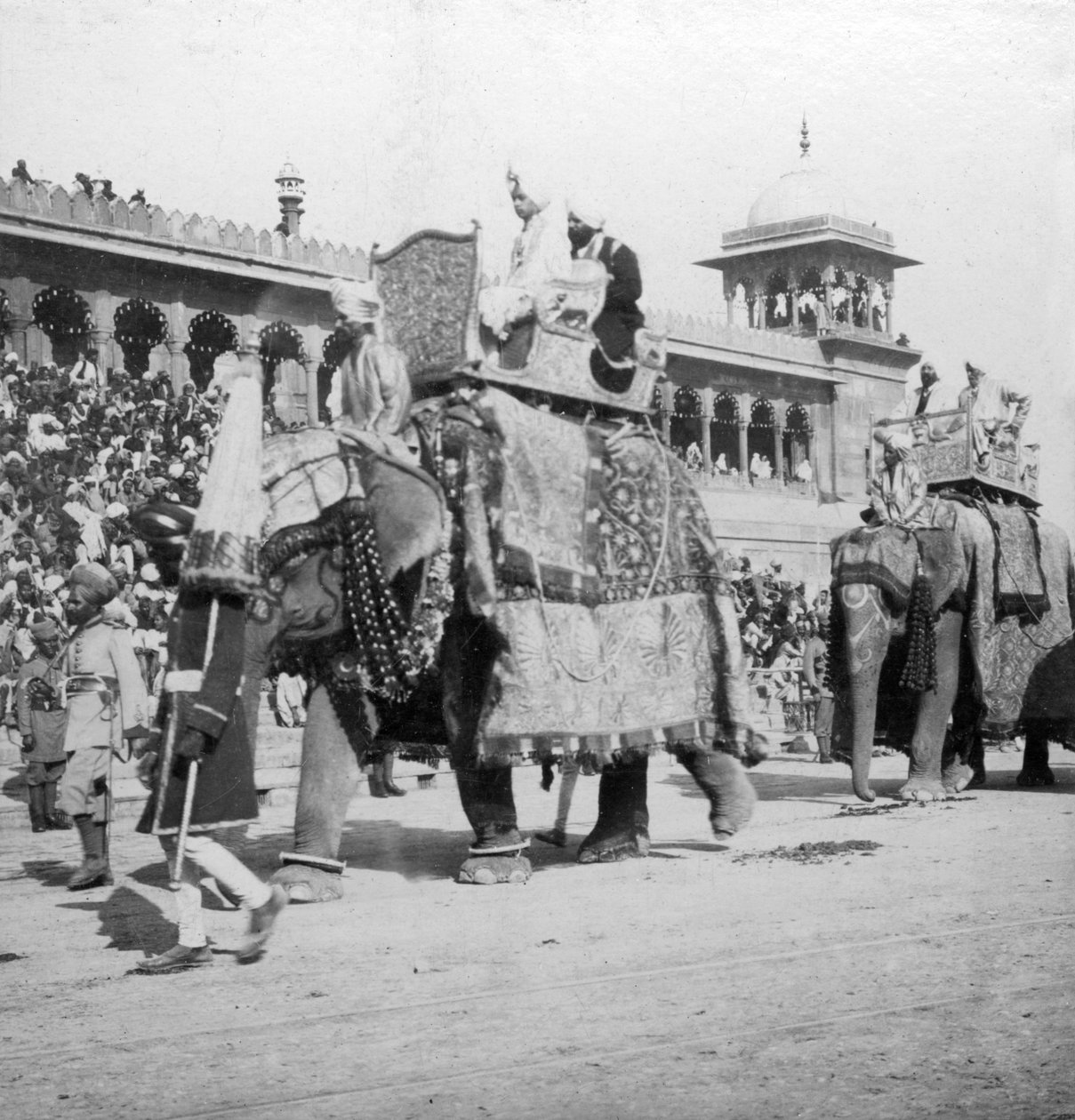 1900年代にインドのデリーにあるJumma Masjidを通過する象の行列。 作： H.手と息子