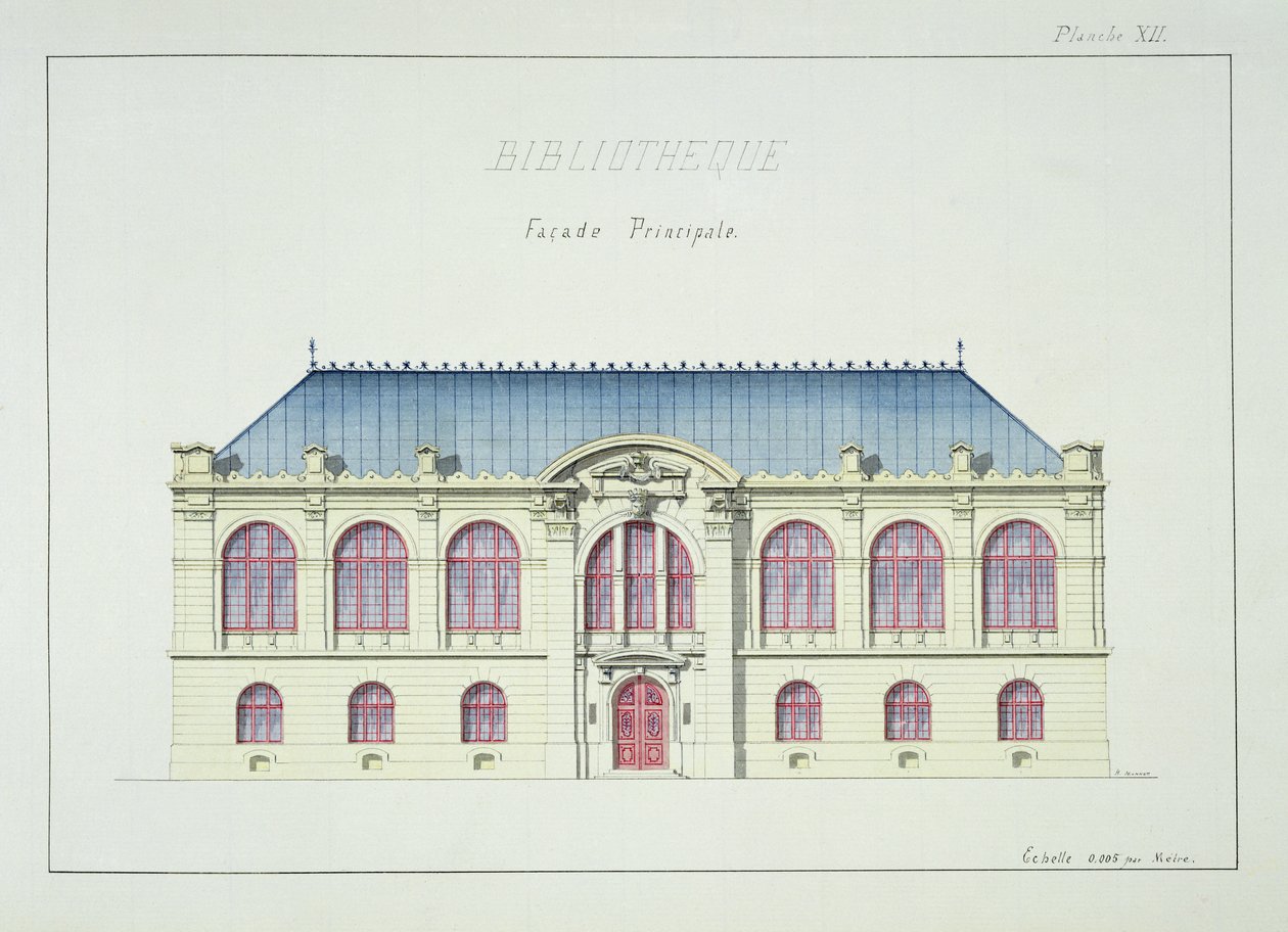 ライブラリのメインファサード、デザインのフォリオからのプレートXII、c.1870 作： H.モノ