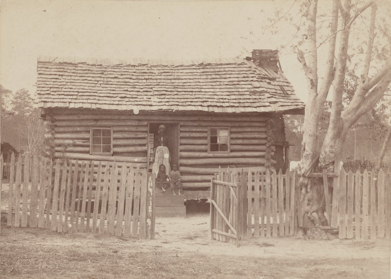 1880 年代、ジョージア州の丸太小屋の前にいる女性と 2 人の子供の卵白プリント。 作： HSクラーク