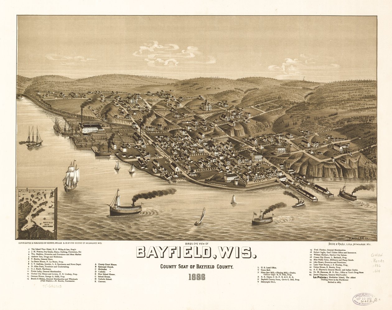 1886年、ベイフィールド郡の郡庁所在地、ウィスコンシン州ベイフィールドの鳥瞰図。LOC 75696703 作： Hウェルジ