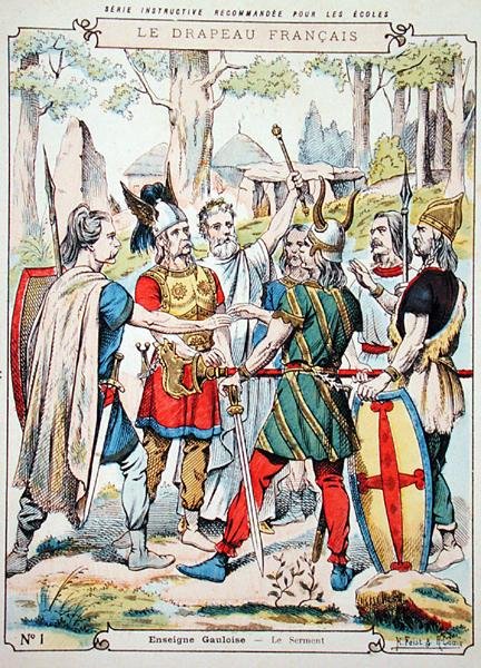 誓いを立てるガリアの戦士たち（学校図書用保護スリーブより） 19世紀後半 カラーリトグラフ 作： H.とルイR.ファイスト