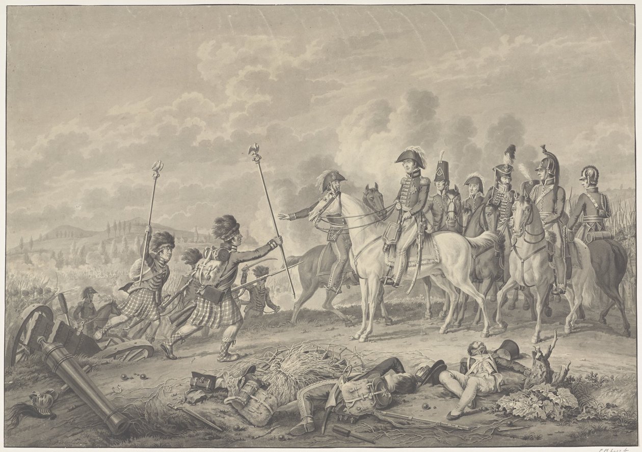ウェリントン公爵は、1815 年にウォータールーの戦いでフランス軍から鹵獲したワシと共に 2 つの旗を受け取りました。 作： Haatje Pieters Oosterhuis
