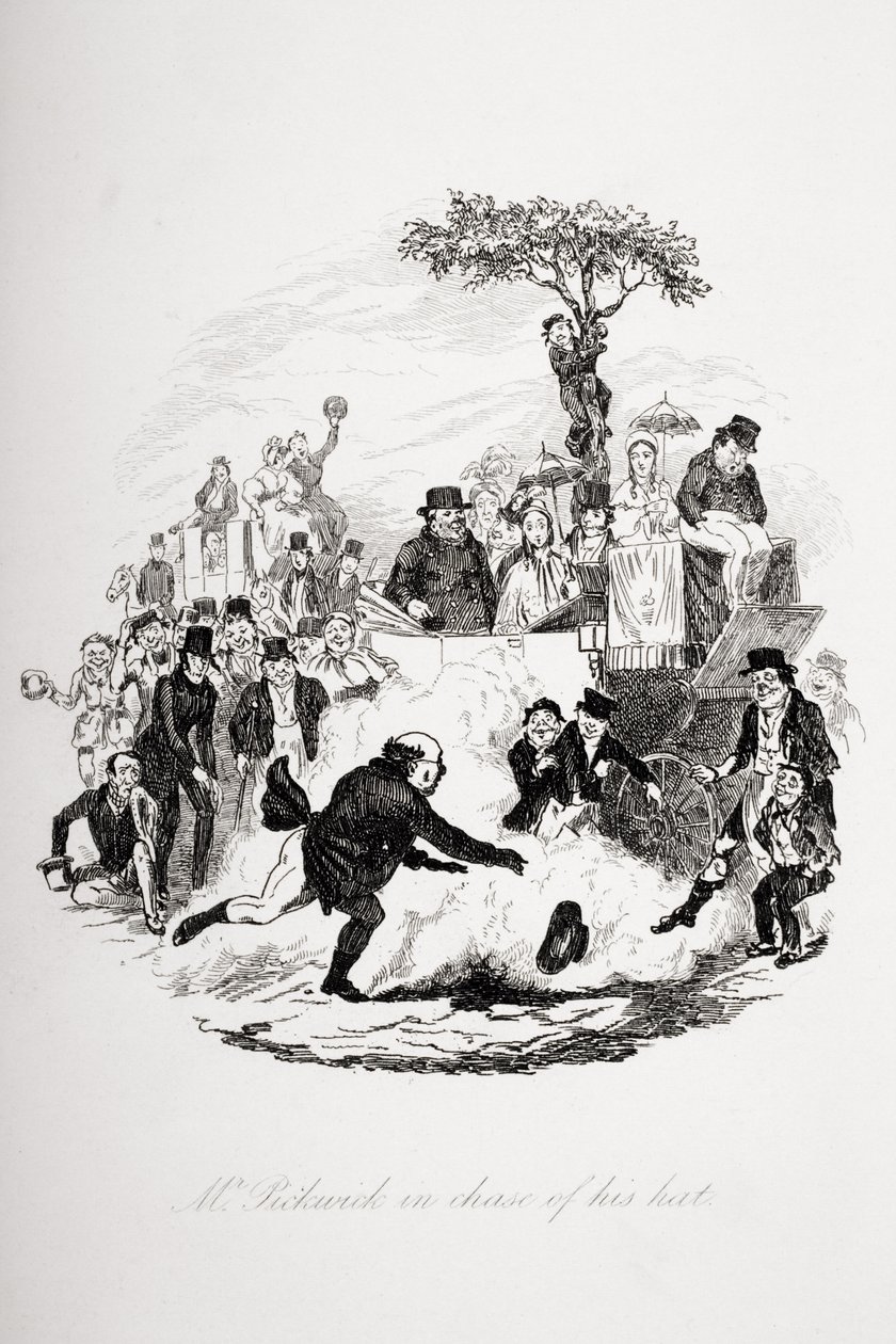 ピックウィック氏の帽子を追いかけたチャールズディケンズの「The Pickwick Papers」（1812-70）のイラスト、1837年発行 作： ハブロナイト・ブラウン