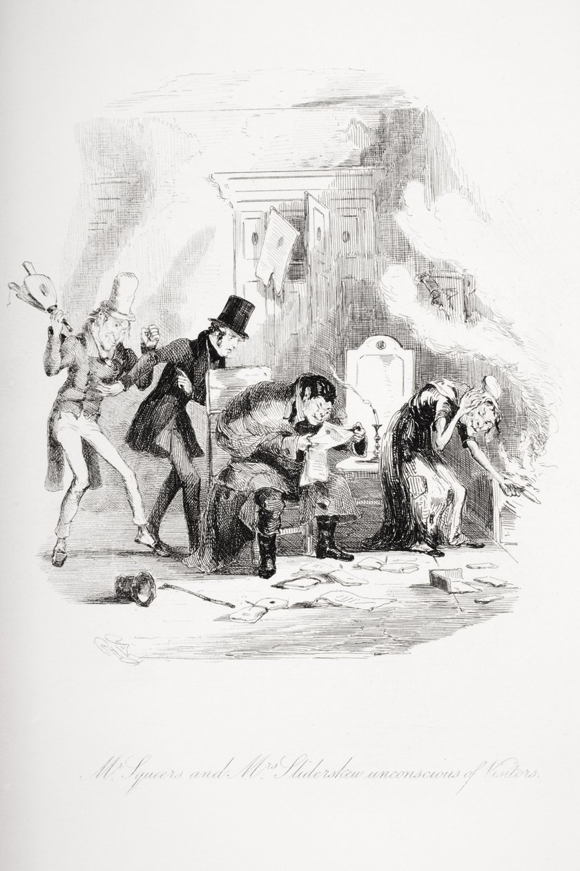 Squeers氏とSliderskew氏、訪問者を意識しない、Charles Dickens（1812-70）による「Nicholas Nickleby」のイラスト、1839年発行 作： ハブロナイト・ブラウン