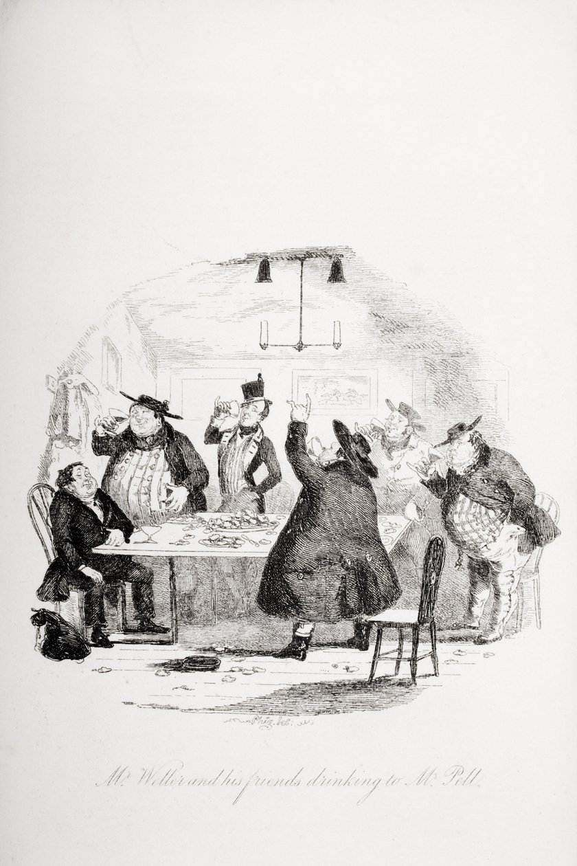ウェラー氏とペル氏に飲んでいる彼の友人、チャールズディケンズの「The Pickwick Papers」（1812-70）のイラスト、1837年発行 作： ハブロナイト・ブラウン