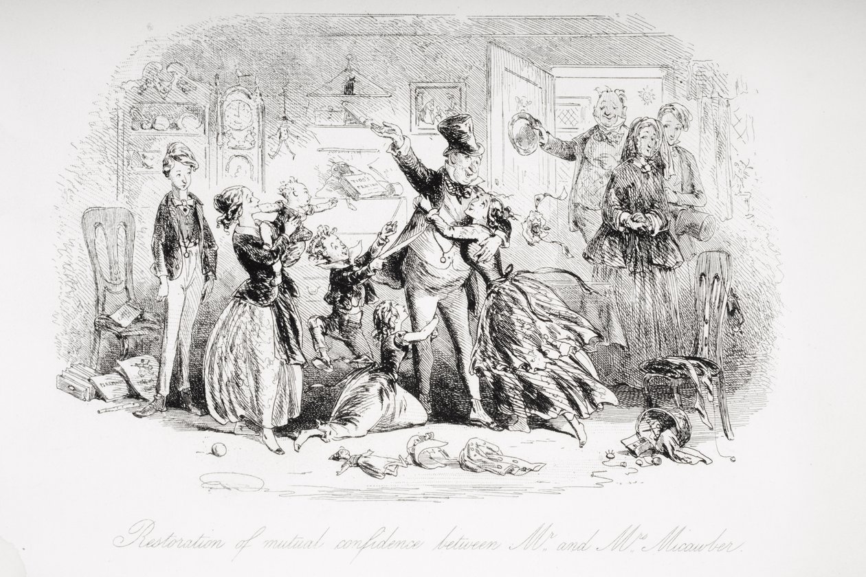 ミカウバー夫妻間の相互信頼の回復、チャールズディケンズ（1812-70）による「David Copperfield」のイラスト、1850年（リソ）で初公開 作： ハブロナイト・ブラウン