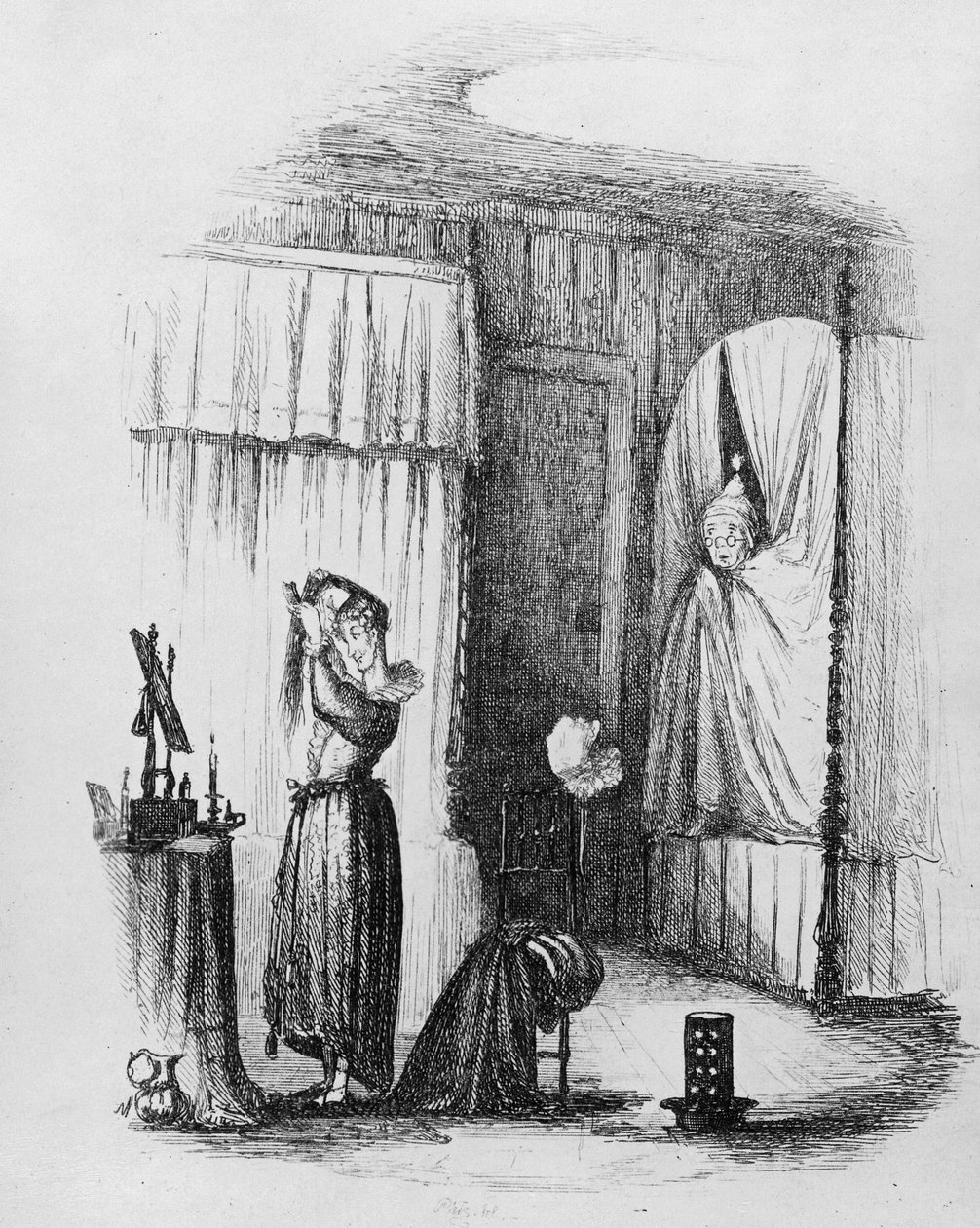 1837年に出版されたチャールズディケンズの「The Pickwick Papers」からのイラスト、ダブルベッドルームの中年女性 作： ハブロナイト・ブラウン