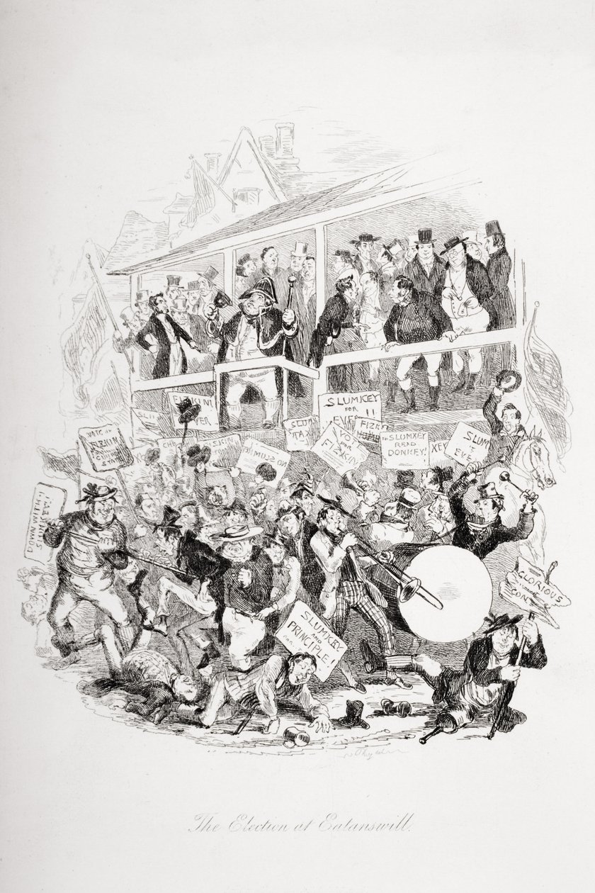 Eatanswillでの選挙、チャールズディケンズの「The Pickwick Papers」（1812-70）のイラスト、1837年発行 作： ハブロナイト・ブラウン