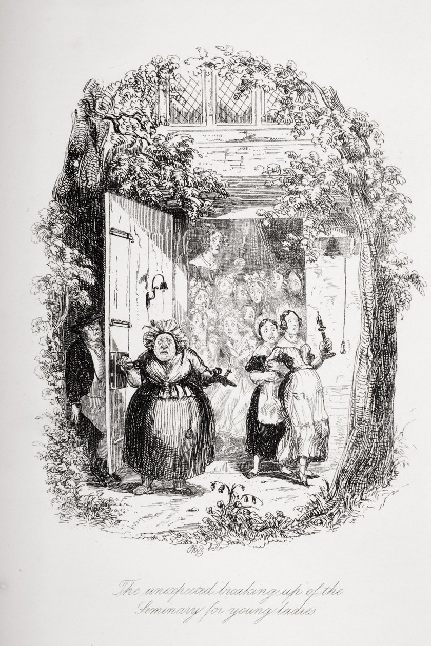 若い女性のための神学校の予期せぬ分裂、チャールズ・ディケンズ（1812-70）による「The Pickwick Papers」のイラスト、1837年発行 作： ハブロナイト・ブラウン