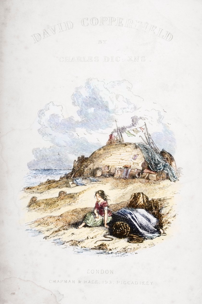 Charles Dickens（1812-70）による「David Copperfield」のタイトルページのイラストは、最初に1850年に発行されました（後の着色） 作： ハブロナイト・ブラウン