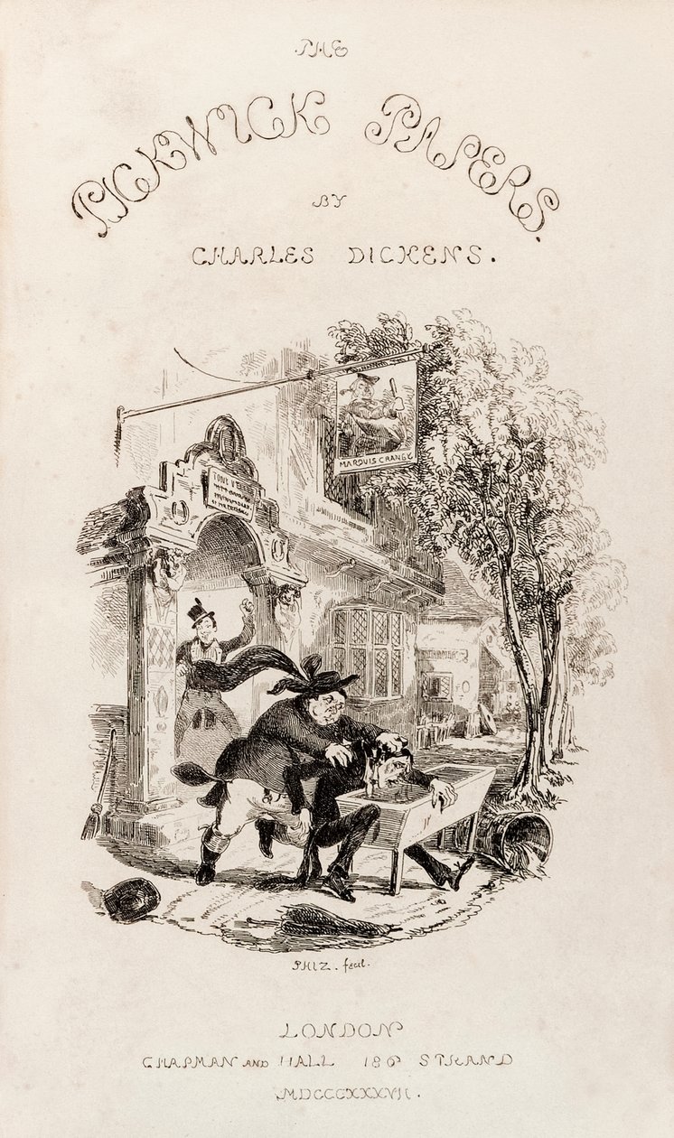 1837年に書籍化された『ピックウィック・クラブの遺稿集』のタイトルページ 作： ハブロナイト・ブラウン