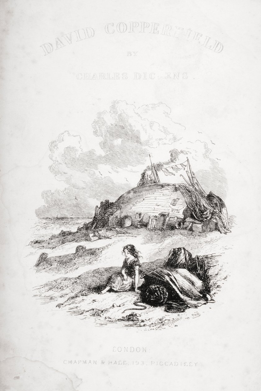 チャールズ・ディケンズ（1812-70）の「David Copperfield」（1850年初版）のタイトルページイラスト（リトグラフ）。 作： ハブロナイト・ブラウン