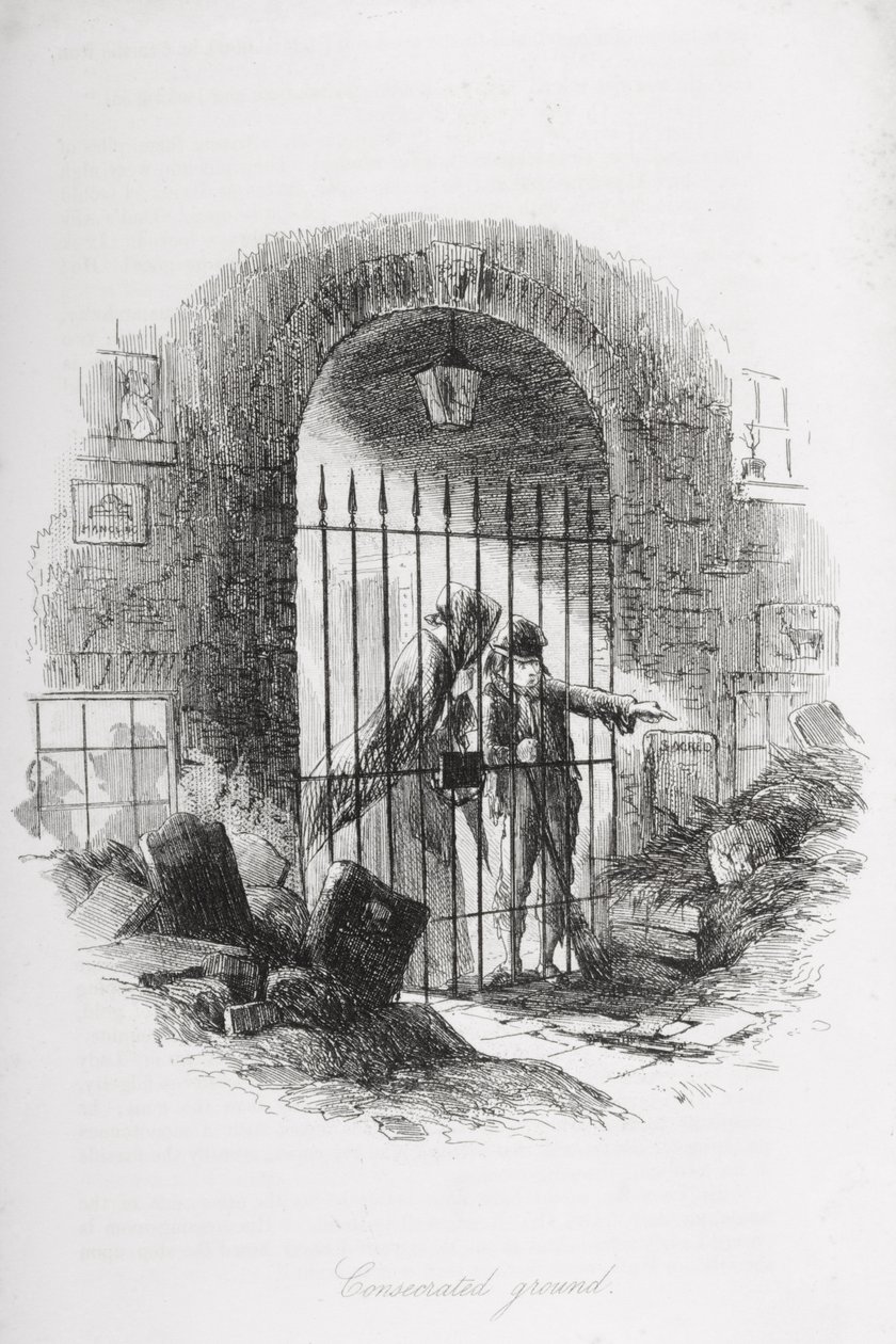 聖別された地面、チャールズディケンズ（1812-70）による「ブリークハウス」のイラスト1853年発行 作： ハブロナイト・ブラウン