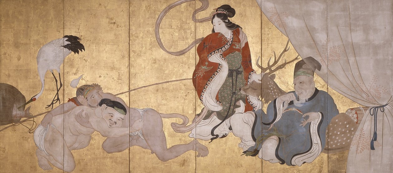 七福神（紙本、墨、彩色、金箔、六屏風） 作： はなぶさ一丁
