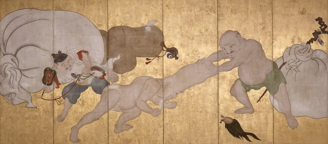 七福神（紙本、墨、彩色、金箔、六屏風） 作： はなぶさ一丁