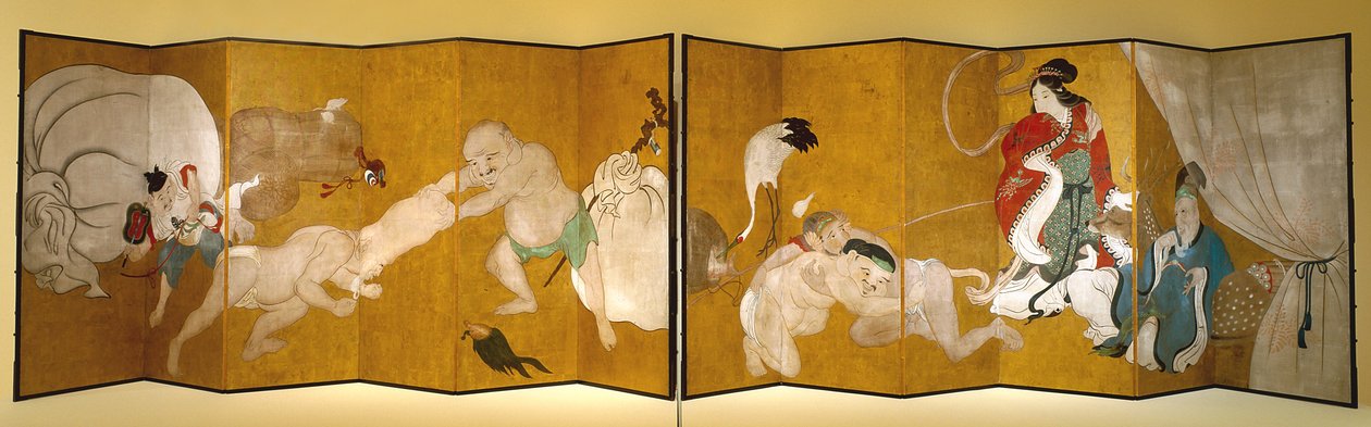 七福神（紙本、墨、彩色、金箔、六屏風） 作： はなぶさ一丁