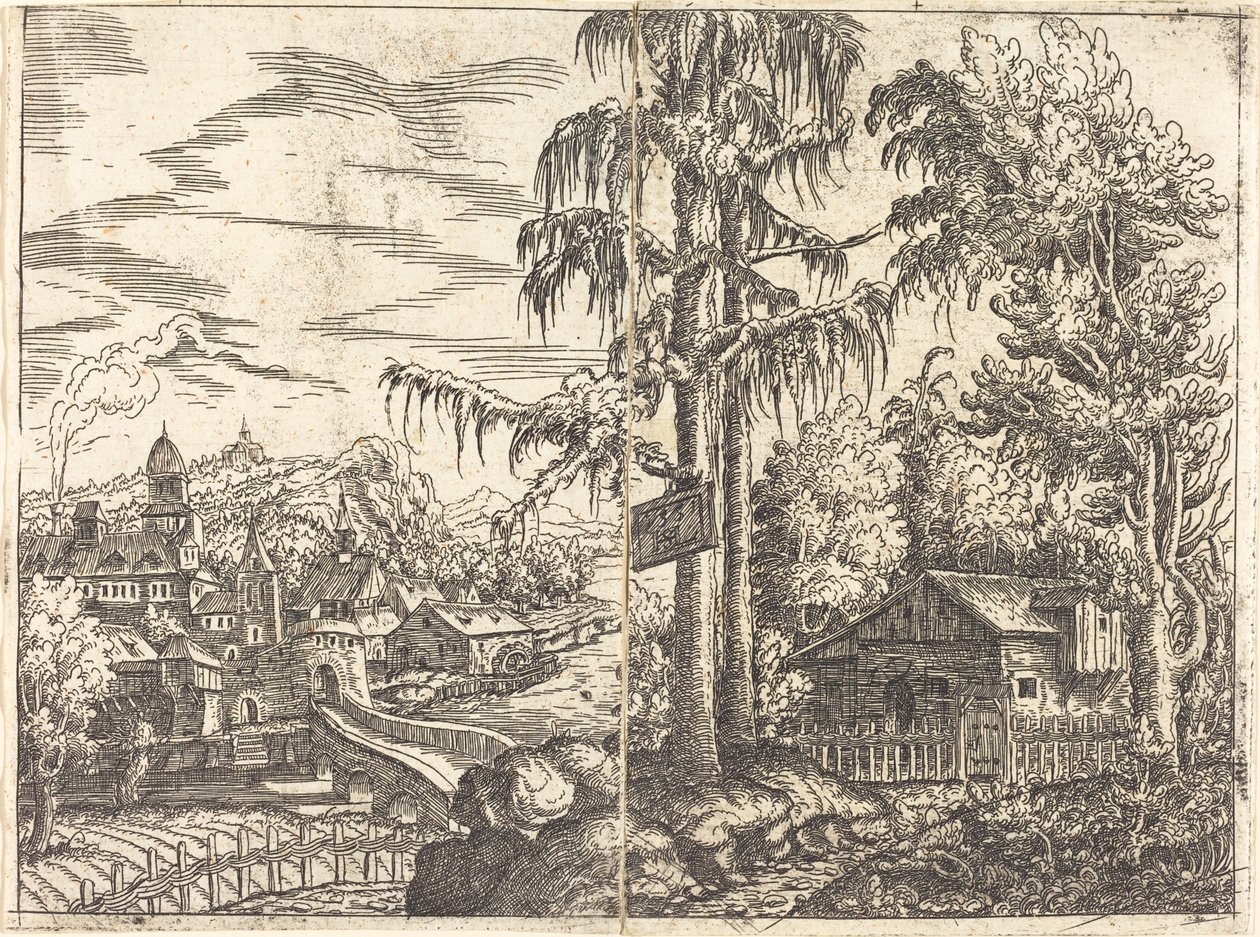 農家の小屋と川の近くの町の見える風景 作： ハンス・ローテンサック