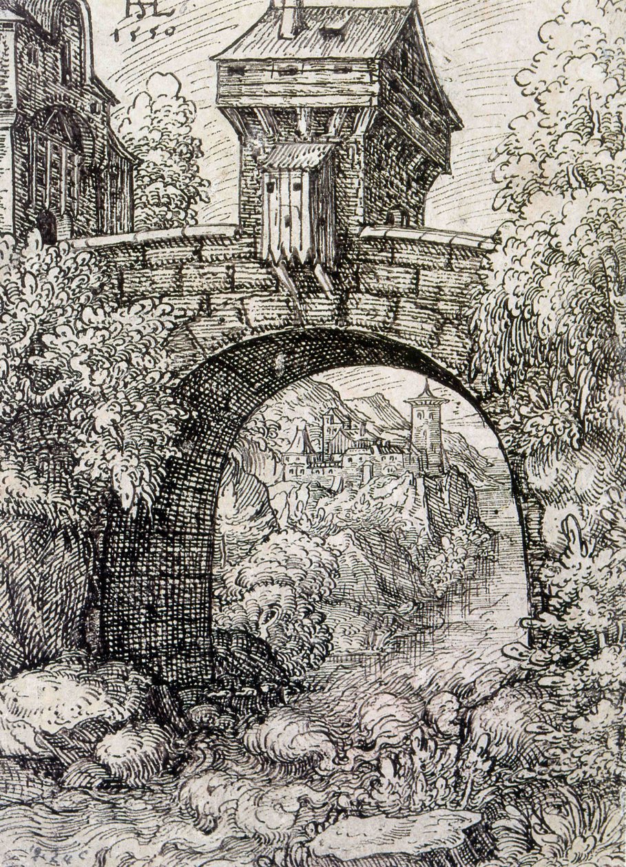 橋の門と水のある田園風景 1550年頃（銅版画