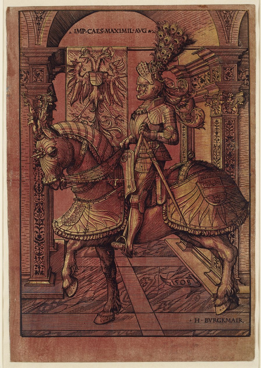 馬に武装したマクシミリアン1世皇帝、1508年（キアロスクーロの木版画） 作： ハンス・ブルククマール