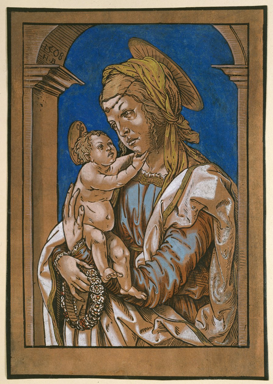 アーチの下のマドンナと子供、1508年（木版画、水彩画とボディカラーで過労） 作： ハンス・ブルククマール
