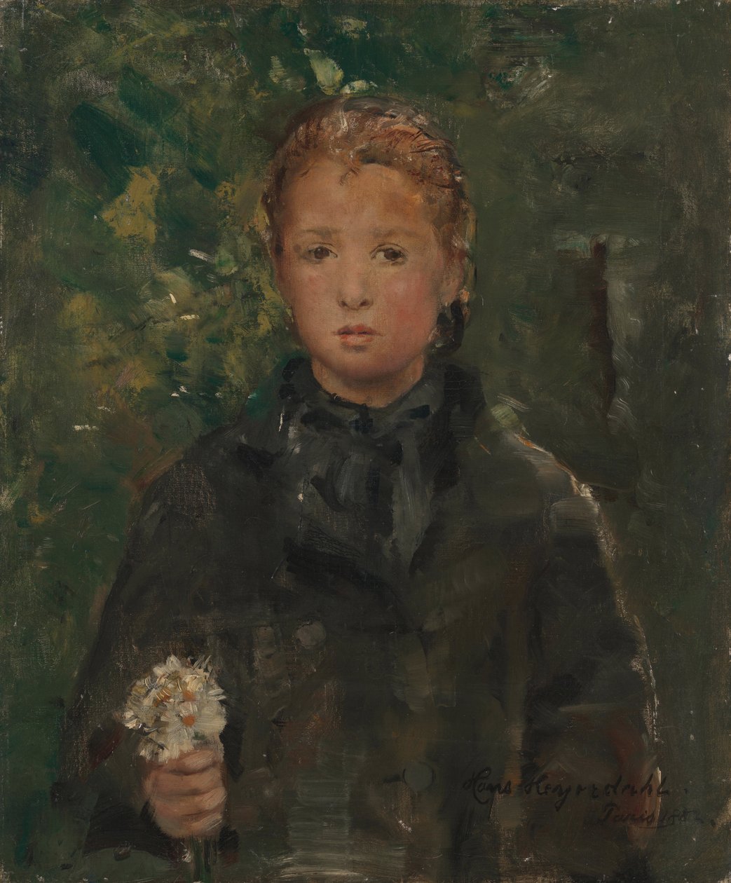 花の束を持つ少女の肖像画 作： ハンス・オラフ・ハイエルダール