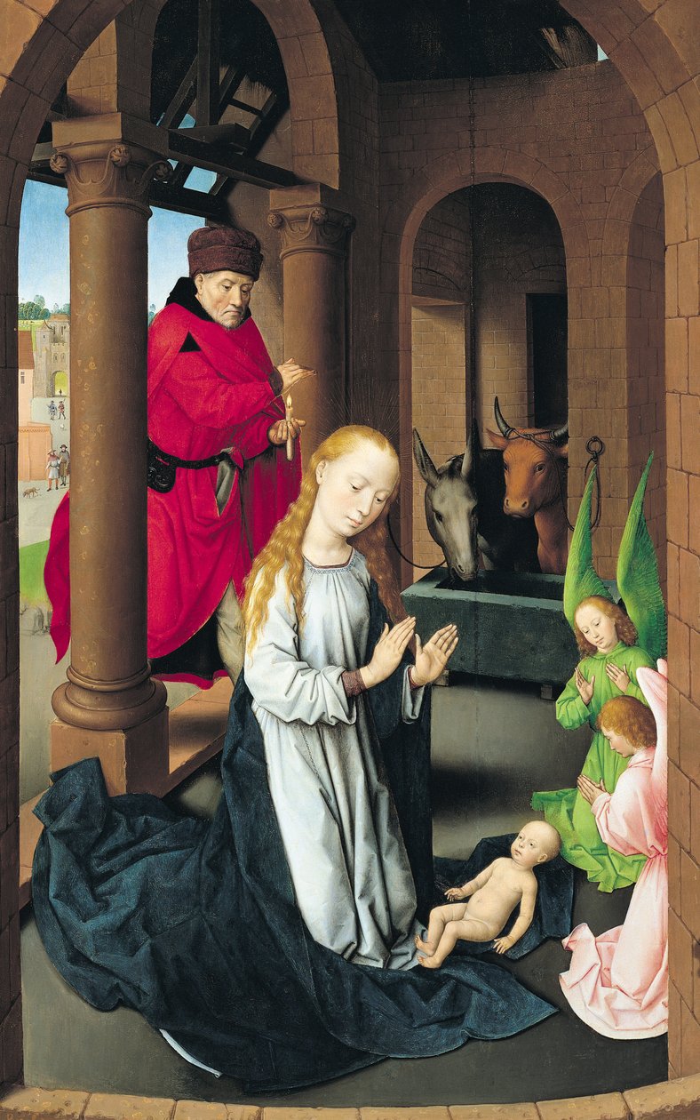キリスト降誕、マギの礼拝の三連祭壇画の左翼、c.1470-72 作： ハンス・メムリンク