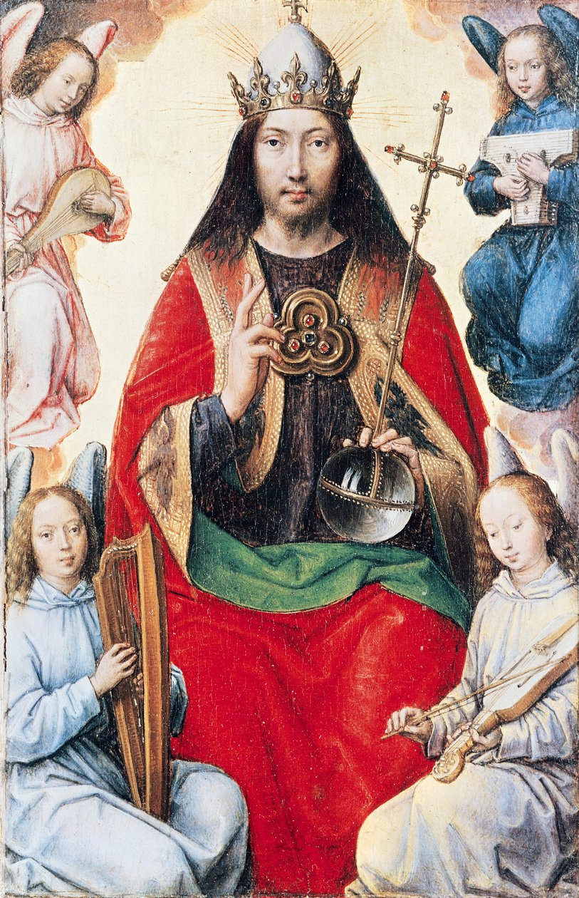 地上の虚栄心と神の救済の三連祭壇画、中央パネルの裏側からの栄光のキリスト、c.1485 作： ハンス・メムリンク