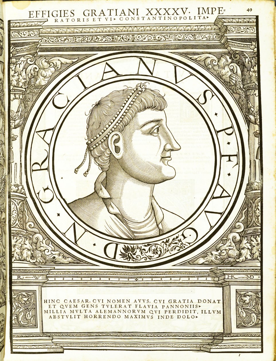 東と西のローマ皇帝の古代硬貨の真正な画像からのグラティアヌス、ルドルフヴィッセンバッハの彫刻、アンドレアスゲスナーの印刷、チューリッヒ、155 作： ハンス・ルドルフ・マヌエルドイツ人